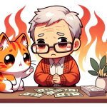 Dall·e 2023 10 16 14.56.13 Vector Illustration Against A White Backdrop, Showcasing The Fiery Colored Chibi Cat Character And An Elderly Father With Gray Hair And Reading Glasse