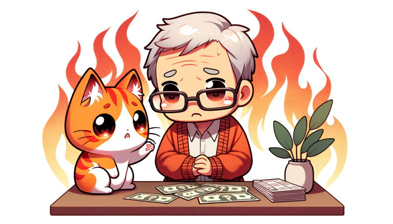 Dall·e 2023 10 16 14.56.13 Vector Illustration Against A White Backdrop, Showcasing The Fiery Colored Chibi Cat Character And An Elderly Father With Gray Hair And Reading Glasse