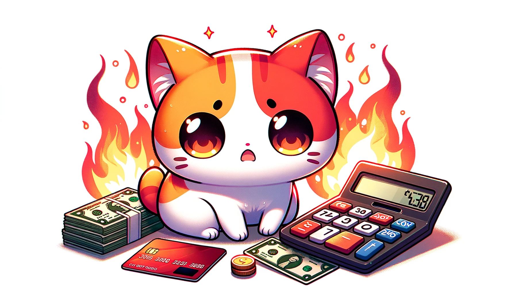 Dall·e 2023 10 16 20.40.18 High Resolution Horizontal Vector Depiction On A White Background. The Chibi Cat, With Its Vibrant Hues Of Orange, Red, And Yellow, Sits With A Calcul