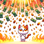 Dall·e 2023 10 16 21.54.48 Cartoon Style Vector Portrayal On A Pristine White Background, Where A Deluge Of Money Descends From Above. The Chibi Cat Character, With Its Fiery Co