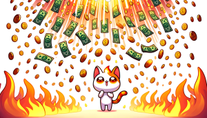 Dall·e 2023 10 16 21.54.48 Cartoon Style Vector Portrayal On A Pristine White Background, Where A Deluge Of Money Descends From Above. The Chibi Cat Character, With Its Fiery Co