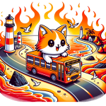 Dall·e 2023 10 16 22.23.08 Cartoon Style Vector Image On A Pristine White Background. The Chibi Cat Character, In Its Fiery Colors, Navigates A Bus Through A Route. The Entire S