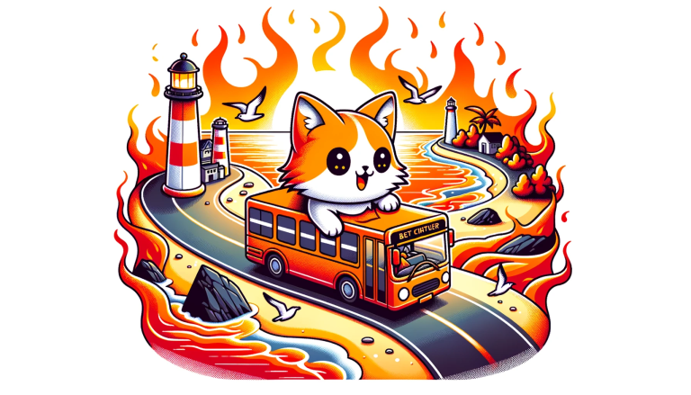 Dall·e 2023 10 16 22.23.08 Cartoon Style Vector Image On A Pristine White Background. The Chibi Cat Character, In Its Fiery Colors, Navigates A Bus Through A Route. The Entire S